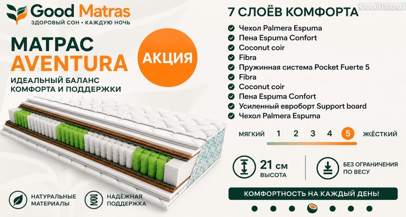 Купить Palmera Aventura идеальный жесткий матрас с ортопедическим эффектом &mdash; инновационную модель с независимым зонированным блоком пружин и натуральной кокосовой койрой, которая гарантирует безупречную поддержку позвоночника. В нашем интернет-магазине представлены лучшие цены на этот хит продаж от фабрики ЕММ. Многочисленные положительные отзывы покупателей подтверждают долговечность изделия и комфорт во время сна. Мы обеспечиваем быструю доставку в Киев, Харьков, Одессу, Днепр, Львов и другие города Украины. Подарите себе здоровый отдых уже сегодня!