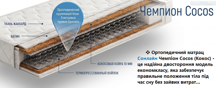 Хочете недорого купити матрац Сонлайн Чемпіон Cocos? Ця двостороння модель на пружинах Боннель має найкращі ціни та збирає позитивні відгуки покупців по всій країні. Натуральна кокосова койра забезпечує правильну жорсткість для хребта, а безклейова технологія гарантує екологічність. Замовляйте надійний ортопедичний матрац з доставкою у будь-які міста України!