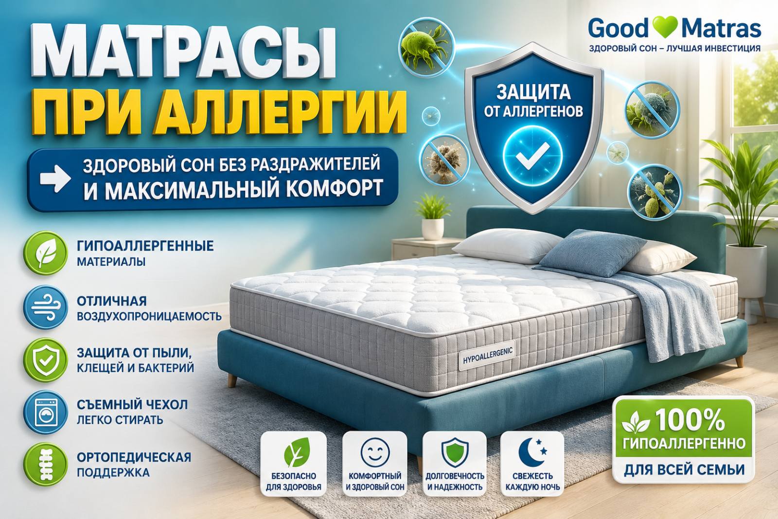 Якісний матрац для алергіків допомагає підтримувати чистоту спального місця та створює комфортні умови для повноцінного відпочинку. Сучасні ортопедичні моделі виготовляються з безпечних матеріалів, що добре пропускають повітря та не затримують вологу. Купити матрац можна за вигідною акційною ціною зі знижкою. Доступні різні розміри, офіційна гарантія, чесні відгуки та швидка доставка в усі міста України.