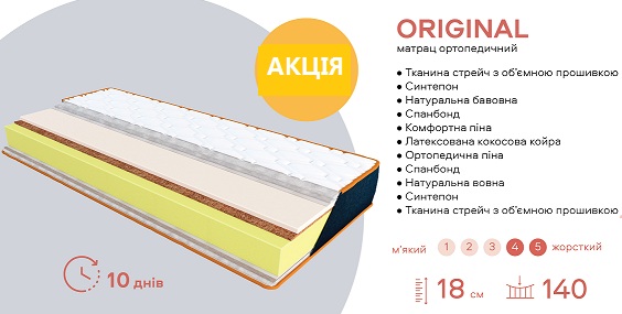 Матрац Denim Original – комфорт та підтримка на кожен день • Матрац Denim Original – це сучасний безпружинний матрац висотою 18 см, створений для комфортного та здорового сну. Він поєднує в собі дві сторони різної жорсткості: одна сторона середньої жорсткості, а інша більш пружна. Така конструкція дозволяє вибрати оптимальний рівень підтримки залежно від ваших уподобань чи пори року. • В основі матраца використовується ортопедична піна високої щільності, що забезпечує правильне положення хребта та довговічність виробу. З іншого боку розташований шар латексованої кокосової койри, що надає додаткової пружності і посилює анатомічний ефект. • Максимальне навантаження на одне спальне місце становить до 140 кг, що робить матрац Denim Original чудовим вибором для людей з різною вагою та способом життя. • Чохол виконаний з міцного та приємного на дотик стрейч-жаккарда з практичним ефектом «зима-літо»: зимова сторона зберігає тепло, а літня – забезпечує свіжість та вентиляцію у спекотні місяці. Замовляйте через GOODMATRAS з доставкою по Україні та офіційною гарантією. Матрац Denim Original купити ✴️ АКЦІЯ ↔ ЦІНИ + відгуки на «GoodMatras» ✔️ Доставка по Києву та Україні матрац ◈ Original, матрац Оріджинал, ЕММ матрац купити, ортопедичний матрац, матрац на ліжко, ціна матраца, доставка по Україні GoodMatras, середня жорсткість, гіпоалергенний матрац, якісний сон, прямий виробник.