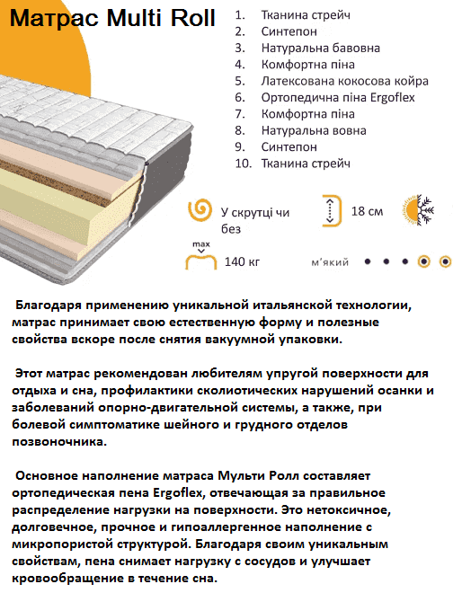 ❱❱❱ Наповнювачі: 《Комфортна ортопедична піна》▪︎ інноваційний мікропористий матеріал, що поєднує м’якість, еластичність і довговічність. Він нетоксичний, гіпоалергенний та рівномірно розподіляє навантаження на тіло, зменшуючи тиск на судини та покращуючи кровообіг під час сну. Завдяки особливій структурі, комфортна піна підлаштовується під контури тіла, створюючи ідеальні умови для відпочинку. 《Високоеластична піна》 ▪︎ матеріал з підвищеною еластичністю миттєво реагує на тиск, приймаючи анатомічну форму тіла, а потім швидко відновлює свою початкову форму. Унікальна структура з чергуванням комірок різного розміру забезпечує чудову вентиляцію і запобігає ефекту «запам’ятовування» форми. У порівнянні зі звичайною піною, цей матеріал пропонує вдвічі вищий рівень комфорту, що робить його ідеальним для людей із будь-якою вагою. 《Ефект «Зима–Літо» 》матрац адаптується до пори року завдяки використанню натуральних матеріалів – вовни та бавовни. 《Чохол 》виготовлений із міцного бельгійського стрейчу з високим вмістом еластичних волокон. Ця тканина поєднує м’якість і довговічність, чудово пропускає повітря та регулює рівень вологості, створюючи сприятливий мікроклімат для сну. 》》》◇ Такий комплекс матеріалів і технологій гарантує максимальний комфорт, довговічність і турботу про ваше здоров’я. ► Ортопедический матрас Multi Roll Take&Go купить Киев ❱❱❱ АКЦИИ ⚡ СКИДКИ ☑️ у ПРОИЗВОДИТЕЛЯ ⏩ со СКЛАДА «Гуд❤Матрас» ↔ ЭКОНОМНЕЕ ➤ по лучшей ЦЕНЕ в УКРАИНЕ ➡ РАСПРОДАЖА ✔️ любого размера ❱❱❱ ≡ Ортопедичні матраци Take&Go Multi Roll / Мулті Ролл купити у Києві ☑️ Кращі Ціни + Відгуки ⚡ Знижки та Акції на «Гуд❤Матрац»